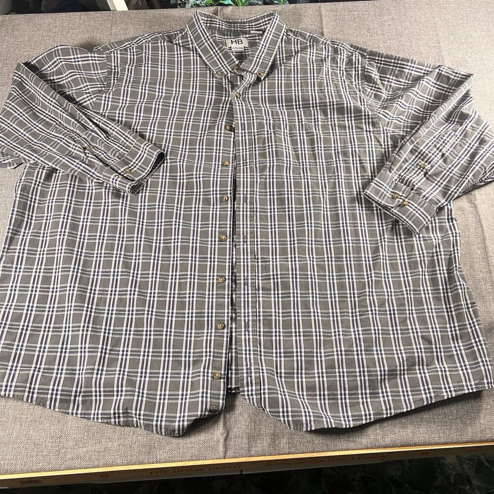 HB DXL Shirt Mens 4XL Big Grey Plaid Long Sleeve Button Down Relaxed Fit Casual